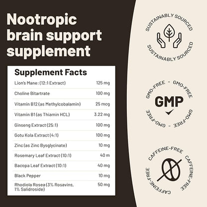 Lions Mane Mushroom Supplement Capsules Complex - Nootropic Brain Support Supplement, Lions Mane Extract - 120 Vegan Bacopa Monnieri, Gotu Kola, Ginseng Capsules - Focus Memory Support