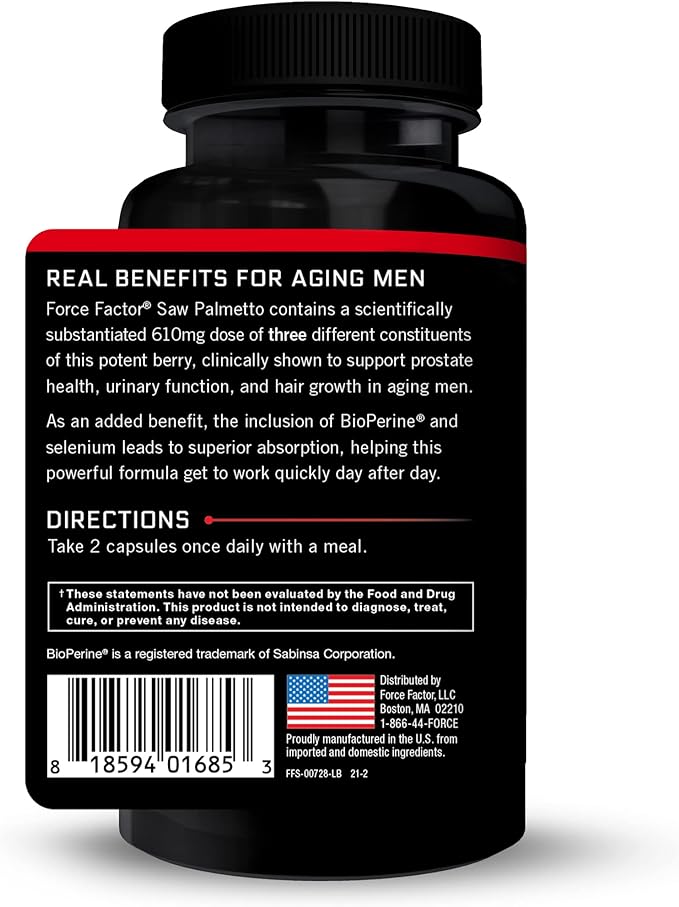 Force Factor Saw Palmetto for Men, Saw Palmetto Extract for Prostate Health, Urinary Function, & Hair Growth, Fast-Acting Formula with BioPerine for Superior Absorption, 60 Capsules