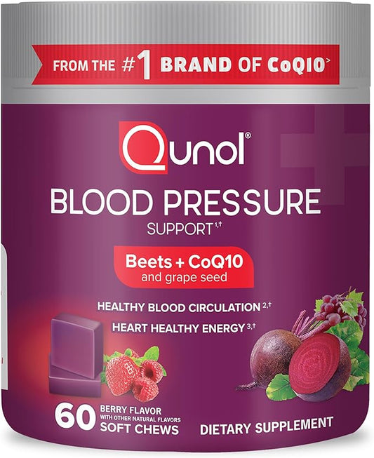 Qunol Beets Chews for Blood Pressure Support, 3 in 1 Beets + CoQ10 + Grape Seed Extract, Supports Healthy Blood Circulation & Heart Healthy Energy, 60 Chews