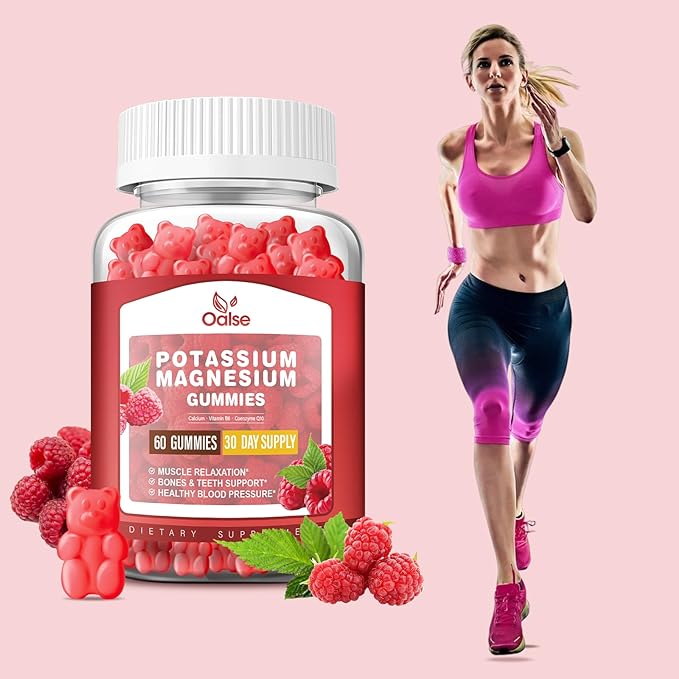 Potassium Magnesium Gummies for Adults Kids, High Absorption Potassium Gluconate 99mg Magnesium Citrate 400mg, Chewable Gummy Supplements, Raspberry