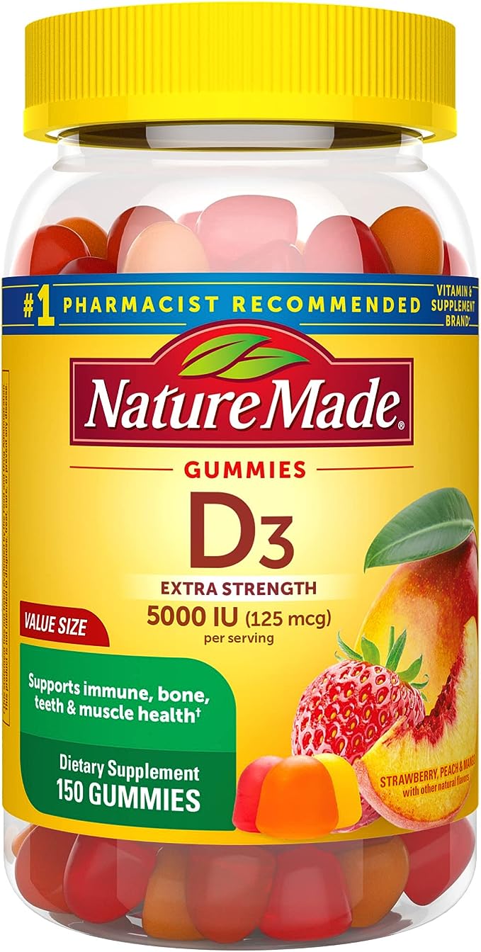 Nature Made Extra Strength Vitamin D3 5000 IU (125 mcg) per serving, Dietary Supplement for Bone, Teeth, Muscle and Immune Health Support, 150 Gummies, 75 Day Supply