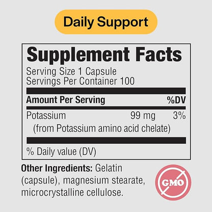 PureFormulas Potassium Supplement Chelated 99 mg Highly Absorbable Pure Potassium Formula for Energy, Nerve, Muscle, Kidney, Heart, and Skeletal Support, Non-GMO - 100 Vegetarian Capsules