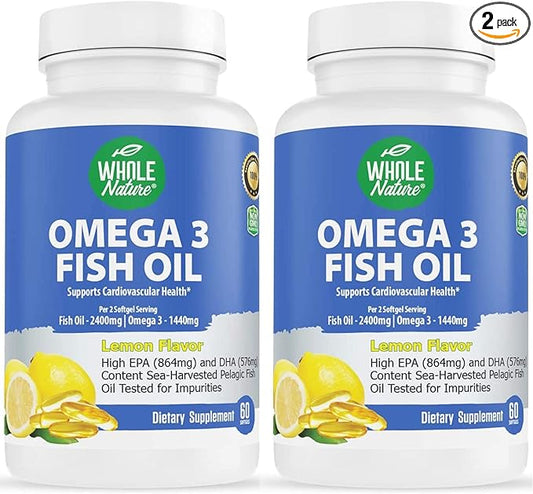 Omega 3 Fish Oil Supplements, Maximum Strength 2400 mg Omega-3, 1440mg Fish Oil, EPA and DHA Fatty Acids, Heart, Brain & Immune Support for Women and Men. Natural Lemon Flavor, 120ct (2)