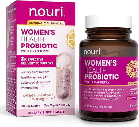 Nouri Women’s Health Daily Probiotic and Omega Supplement with Cranberry Powder | Supports Vaginal, Urinary Tract, Digestive, Immune Health, and pH Balance, Probiotics for Women, 30 Capsules