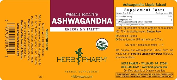 Herb Pharm Certified Organic Ashwagandha Extract for Energy and Vitality, Organic Cane Alcohol, 4 Ounce