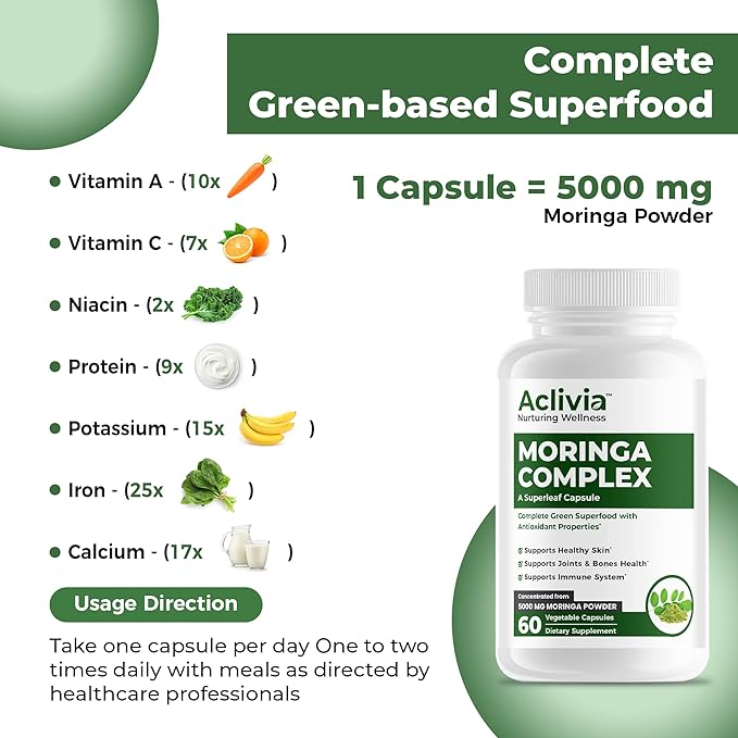 Moringa Complex with Oleifera Leaf & Seed Extract, Potent Strength 5000 mg per Serving, Complete Green-Based Superfood with Antioxidant Properties