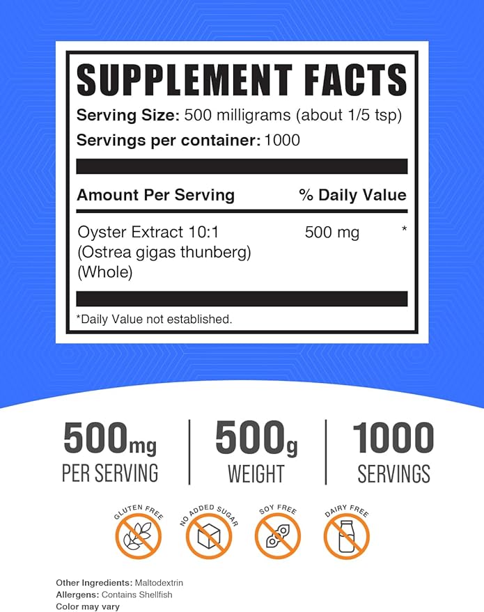 BulkSupplements.com Oyster Extract Powder - Oyster Supplement, from Whole Oyster Shells, Oyster Powder - Gluten Free, 500mg per Serving, 500g (1.1 lbs) (Pack of 1)