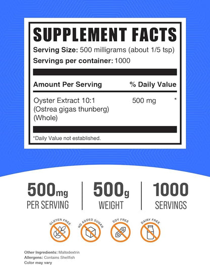 BulkSupplements.com Oyster Extract Powder - Oyster Supplement, from Whole Oyster Shells, Oyster Powder - Gluten Free, 500mg per Serving, 500g (1.1 lbs) (Pack of 1)