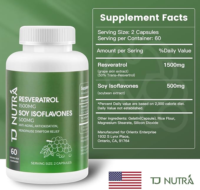 Resveratrol Supplement 2000mg with Soy Isoflavones 500mg, 100% Natural Trans-Resveratrol, Promotes Anti-Aging, Immunity Support, Antioxidants, Menopause Relief, 120 Capsules, 60 Day Supply