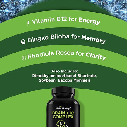 Nootropic Memory Supplement for Brain Support - Memory Pills for Brain Boost and Natural Energy Booster - Vitamin B 12 Bacopa Monnieri Rhodiola Rosea DMAE Ginkgo Biloba Phosphatidylserine Supplement