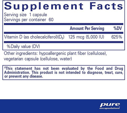 Pure Encapsulations Vitamin D3 125 mcg (5,000 IU) - Supplement to Support Bone, Joint, Breast, Heart, Colon, and Immune Health* - with Vitamin D - 60 Capsules