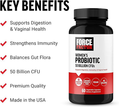 FORCE FACTOR Probiotic for Women 50 Billion CFU, Women’s Probiotic for Digestive Health, Immunity, and Vaginal Health, 10 Strains with Lactobacillus Acidophilus, Vegan, 60 Capsules