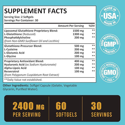 2400 MG Liposomal Glutathione Softgels, Max Absorption, Active Form L-Glutathione Reduced (GSH), with Hyaluronic Acid, Resveratrol, Master Antioxidants for Detox, Brain, Immune System, 360 Softgels