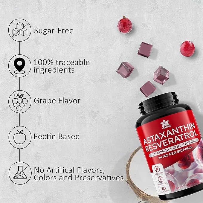 Sugar-Free Astaxanthin 24mg Gummies with Resveratrol, Vitamin B1, Coconut Oil - Powerful Antioxidants Supplement for Men & Women Healthy Aging, Skin, Eyes, Joints, Immune - Vegan, Non-GMO 120 Servings