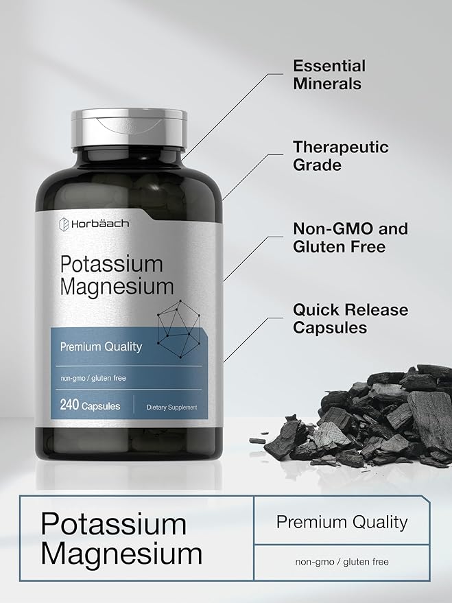 Potassium Magnesium Supplement | 240 Capsules | Non-GMO & Gluten Free | by Horbaach