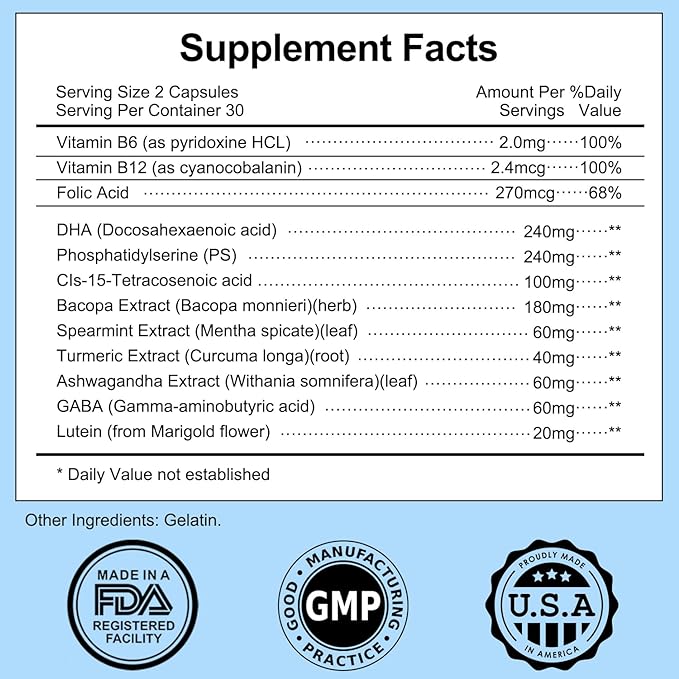 Brain Supplement for Old Memory and Focus Strength DHA PhosphatidylSerine Bacopa Ashwagandha Turmeric Lutein Folic Acid Vitamins B6, B12, for Mental Clarity, Cognitive Enhancement 60 Capsules