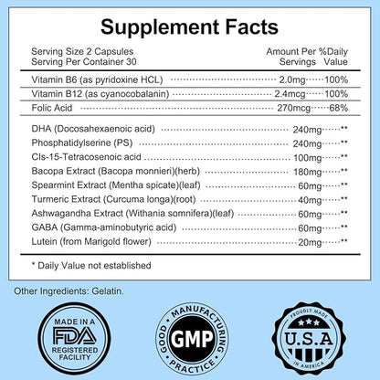 Brain Supplement for Old Memory and Focus Strength DHA PhosphatidylSerine Bacopa Ashwagandha Turmeric Lutein Folic Acid Vitamins B6, B12, for Mental Clarity, Cognitive Enhancement 60 Capsules