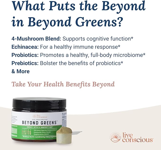 Live Conscious Beyond Greens Concentrated Superfood Powder - Matcha Flavor w/Chlorella, Echinacea, Probiotics for Immune Support & Energy - 30 Servings (2-Pack)