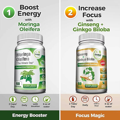 Focus an Energy Bundle Ginseng + Ginkgo Biloba Tablets + Moringa Oleifera Capsules - Traditional Energy Booster and Brain Sharpener - Unique Trio Supplement (2 Bottles)