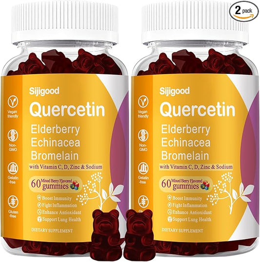 2 Packs 1,200MG Quercetin with Bromelain Gummies, Elderberry, Echinacea, Vitamin C D Zinc - Immune System Support 120 Counts Pure Quercetin Supplements Gummies for Kids & Adults