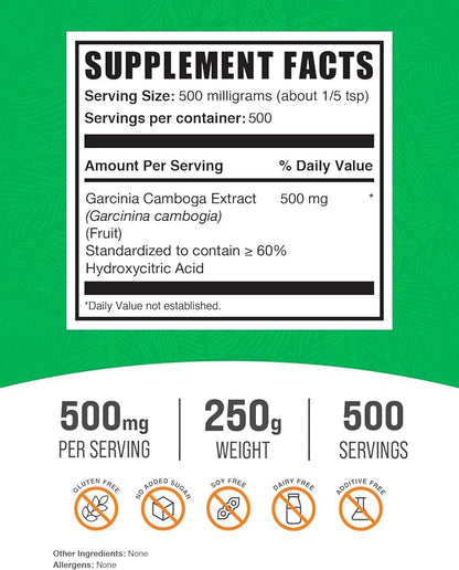 BulkSupplements.com Garcinia Cambogia Extract Powder - 60% HCA, from Garcinia Cambogia Fruit, Garcinia Cambogia Powder - Gluten Free, 500mg per Serving, 250g (8.8 oz) (Pack of 1)