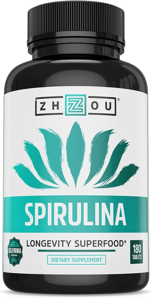 Zhou Nutrition Spirulina Tablets, Sustainably Grown in California, Nutrient-Packed Superfood, Vitamins, Vegan Protein, Amino Acids, Non-Irradiated, Gluten Free, Non-GMO, 30 Servings, 180 Count