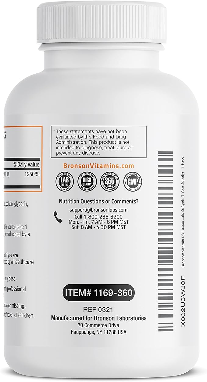 Bronson Vitamin D3 10,000 IU (250 mcg) High Potency - Supports Healthy Immune System, Strong Bones, Muscles & Teeth - Non GMO, 360 Softgels (1 Year Supply)