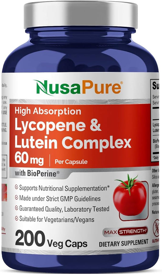 NusaPure Lycopene & Lutein Complex 60mg per Caps, 200 Veggie Capsules (Non-GMO, Vegan)