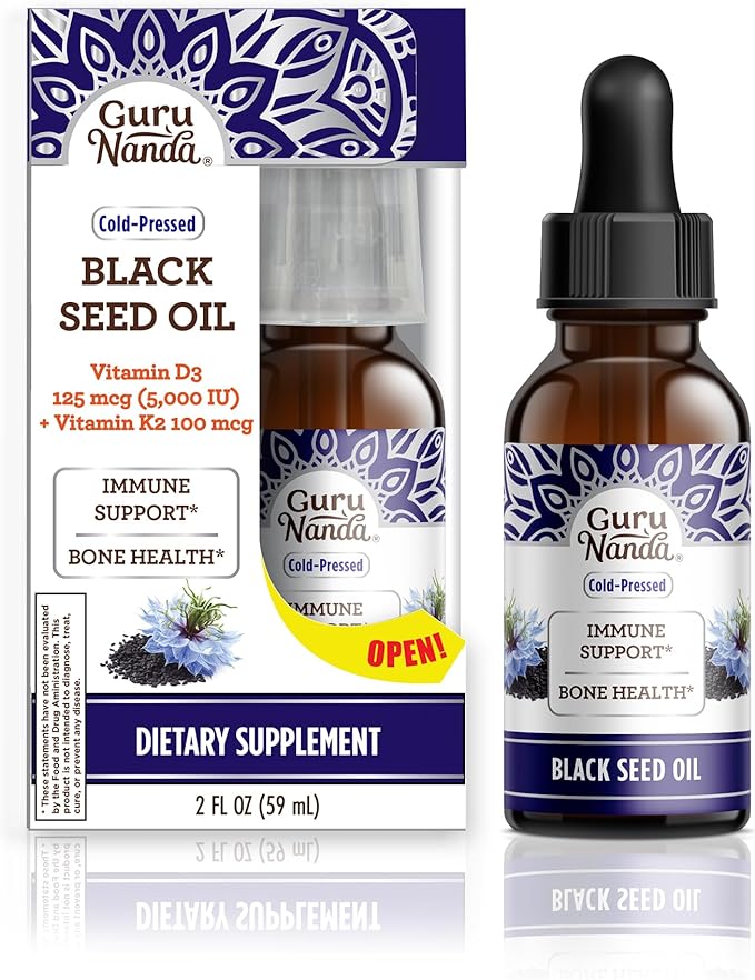 GuruNanda Black Seed Oil, Cold-Pressed Nigella Sativa - Rich in Vitamin D3 5000 Units, K2 & E & Vitamin E Oil (2 Fl Oz) - 100% Pure & Natural, 15,000 IU per Bottle for Skin, Hair, Face