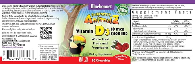 Bluebonnet Nutrition Rainforest Animalz Vitamin D3 400 IU Chewable Tablet, Soy, Dairy & Gluten-Free, Non-GMO, Kosher Certified, Vegetarian Friendly, Natural Mixed Berry Flavor, 90 Count