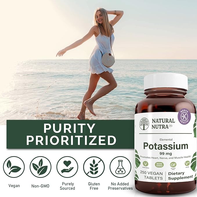 Natural Nutra Elemental Potassium Gluconate Dietary Supplement, Energy and Nervous System Health, Promotes Heart Health, 99 mg, 250 Vegan Tablets