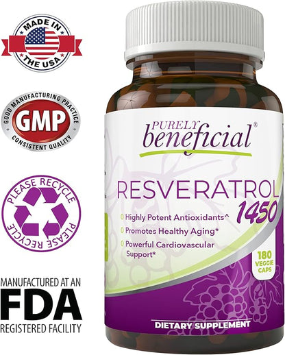 PURELY beneficial RESVERATROL1450-90day Supply, 1450mg per Serving of Potent Antioxidants & Trans-Resveratrol, Promotes Anti-Aging, Cardiovascular Support, Maximum Benefits (1bottle)