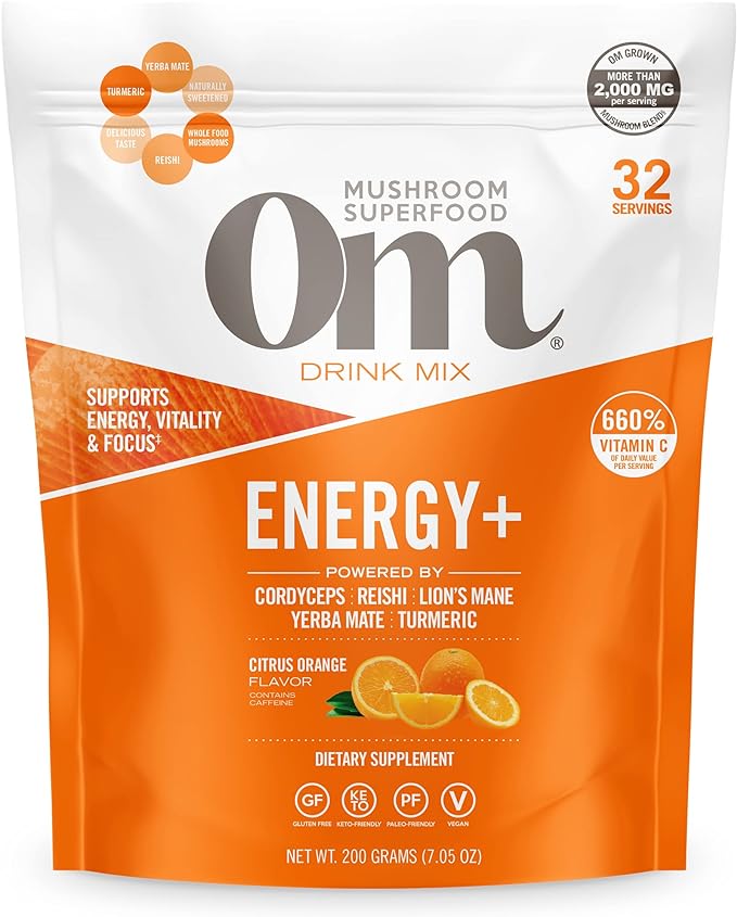 OM Mushroom Superfood Energy Plus Mushroom Powder Drink Mix, Citrus Orange, 7.05 Ounce, 32 servings, Mushroom Blend, Cordyceps, Yerba Mate, Tumeric, Vitamin B Complex, Pre-workout, Immune Supplement