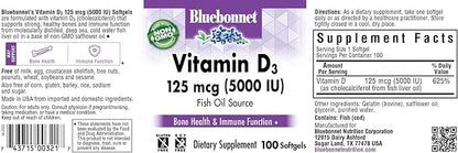 Bluebonnet Nutrition Vitamin D3 5000 IU Softgels, Aids in Muscle and Skeletal Growth, Cholecalciferol from Fish Oil, Non GMO, Gluten, Soy & Dairy Free, Yellow, 100 Count