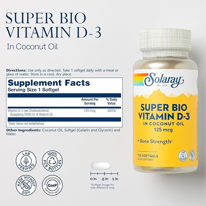 SOLARAY Super Bio Vitamin D3 in Coconut Oil - D3 Vitamin 5000 IU - Bone Health and Immune Support Supplement - Lab Verified, Made Wtihout Soy, 60-Day Guarantee - 120 Softgels, 120 Servings