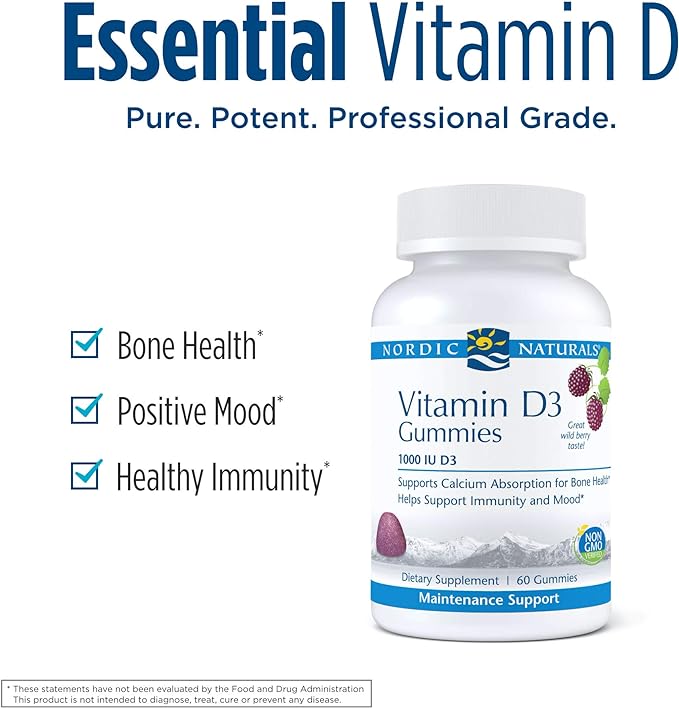 Nordic Naturals Pro Vitamin D3 Gummies, Wild Berry - 60 Gummies - 1000 IU Vitamin D3 - Great Taste - Healthy Bones, Mood & Immune System Function - Non-GMO - 60 Servings