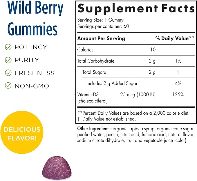 Nordic Naturals Pro Vitamin D3 Gummies, Wild Berry - 60 Gummies - 1000 IU Vitamin D3 - Great Taste - Healthy Bones, Mood & Immune System Function - Non-GMO - 60 Servings