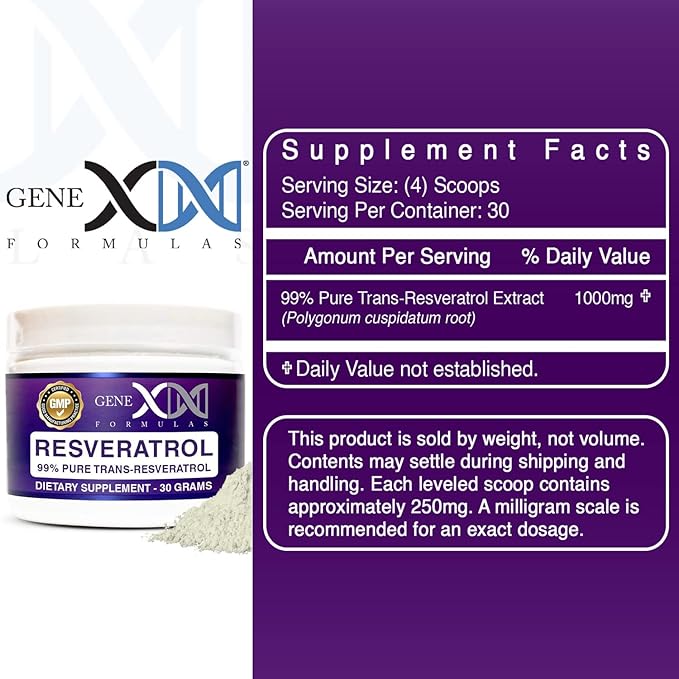 GENEX Trans Resveratrol 1000mg Serving 99% Pure Micronized Pharmaceutical Grade Trans-Resveratrol Powder 30 Servings or 30Grams 1Gram Per Day 30-Day Supply Made in a GMP & NSF Certified Facility