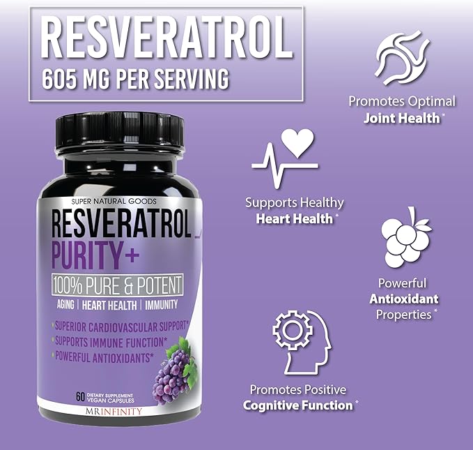 Resveratrol Purity+ Capsules - 98% Trans-Resveratrol - Highly Potent & Purified - 60 Capsules Resveratrol Supplements