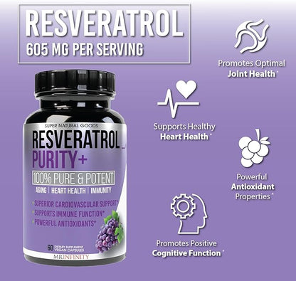 Resveratrol Purity+ Capsules - 98% Trans-Resveratrol - Highly Potent & Purified - 60 Capsules Resveratrol Supplements