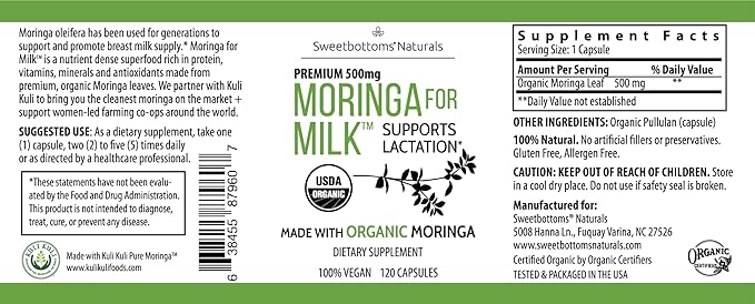 Lactation Supplement - Organic Moringa Capsules for Breastfeeding Support to Increase Breastmilk Supply (120 ct) Pure Malunggay Leaf Powder for Milk Production Booster & Postnatal Vitamins A E K 500mg