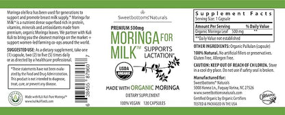 Lactation Supplement - Organic Moringa Capsules for Breastfeeding Support to Increase Breastmilk Supply (120 ct) Pure Malunggay Leaf Powder for Milk Production Booster & Postnatal Vitamins A E K 500mg