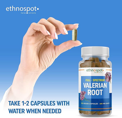 Full Spectrum Valerian Root Capsules - Assists in Sustained & Natural Nighttime Sleep - All Natural Valerian Root Extract Blend - Enhanced Alkaloid Profile - All Natural - 125 Vegan Capsules