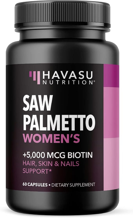 Saw Palmetto for Women + 5000 mcg Biotin Supplement | DHT Blocker Hair Health Vitamins | Supports Stronger Appearance of Hair for Women Post-Partum | Month Supply Vegan Women's Saw Palmetto