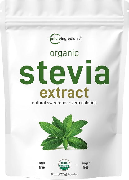 Pure Organic Stevia Powder, 8 Ounces, 1418 Serving, High Grade Stevia Green Leaf Extract Reb-A, Reduced Bitter Aftertaste, 0 Calorie, Natural Sweetener, Sugar Alternative, Keto Friendly