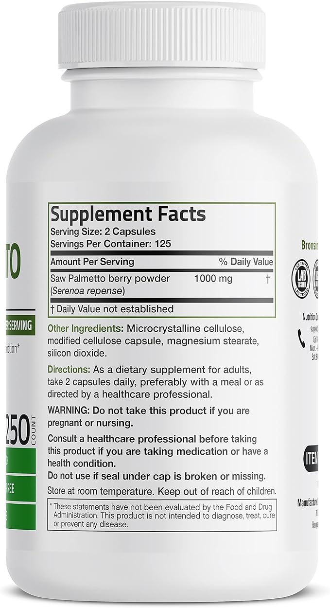 Bronson Saw Palmetto 1000 MG per Serving Extra Strength Supports Healthy Prostate Function & Urinary Health Support - Non GMO, 250 Vegetarian Capsules