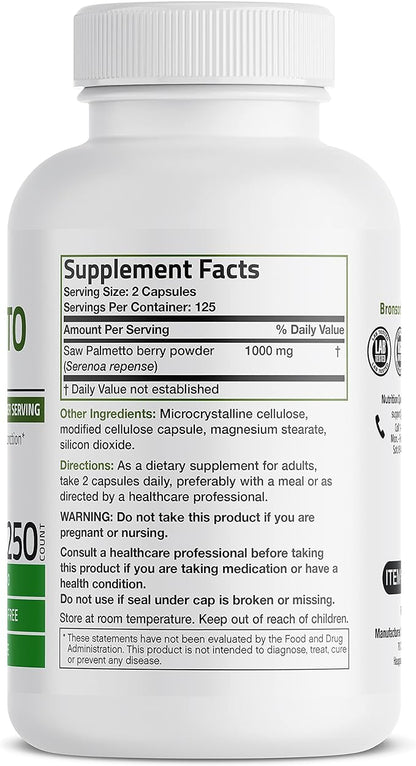 Bronson Saw Palmetto 1000 MG per Serving Extra Strength Supports Healthy Prostate Function & Urinary Health Support - Non GMO, 250 Vegetarian Capsules