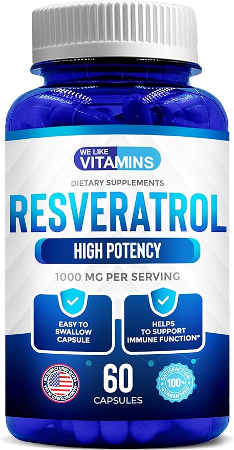 We Like Vitamins Resveratrol 1000mg per Serving - 60 Easy to Swallow Veggie Capsules - Natural Resveratrol Supplement 1000mg - Antioxidant Supplement Helps Support Anti-Aging and Immune System