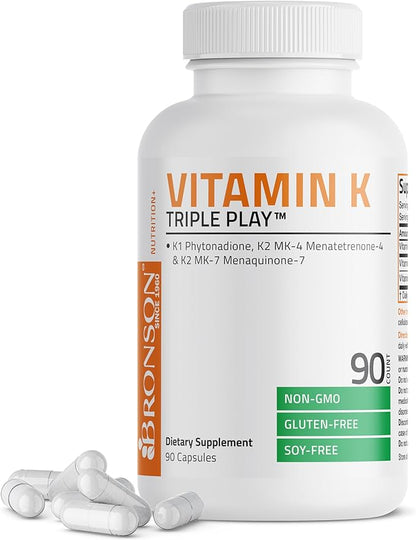 Bronson Vitamin K Triple Play (Vitamin K2 MK7 / Vitamin K2 MK4 / Vitamin K1) Full Spectrum Complex Vitamin K Supplement, 90 Capsules