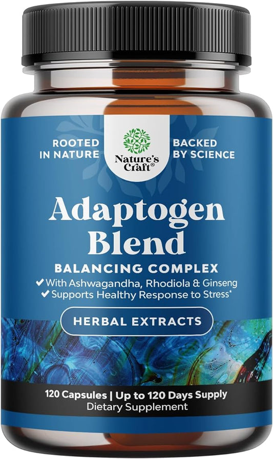 Herbal Adaptogen Mood Support Supplement - Calming Adaptogens Supplement for Stress & Cortisol Management with Ashwagandha Rhodiola Rosea & Maca Root - Vegan Non GMO & Daytime Friendly -120ct